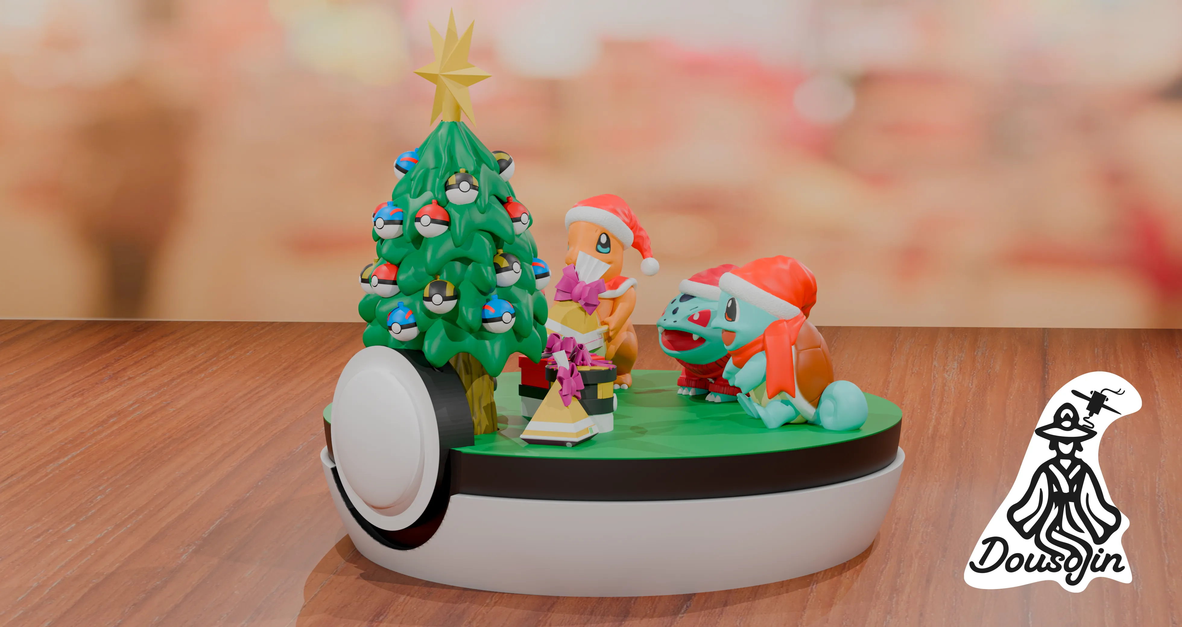Source preview of the Festive Kanto: Bulbasaur, Charmander and Squirtle 3D model by Dousojin