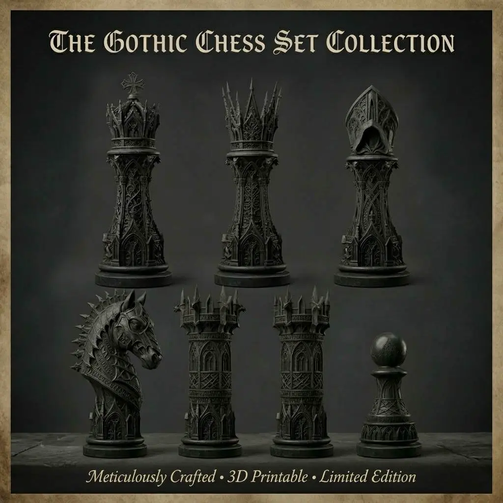 Source preview of the Gothic Chess Piece Limited Edition 3d Printable Collection 3D model by 3DModellerblr